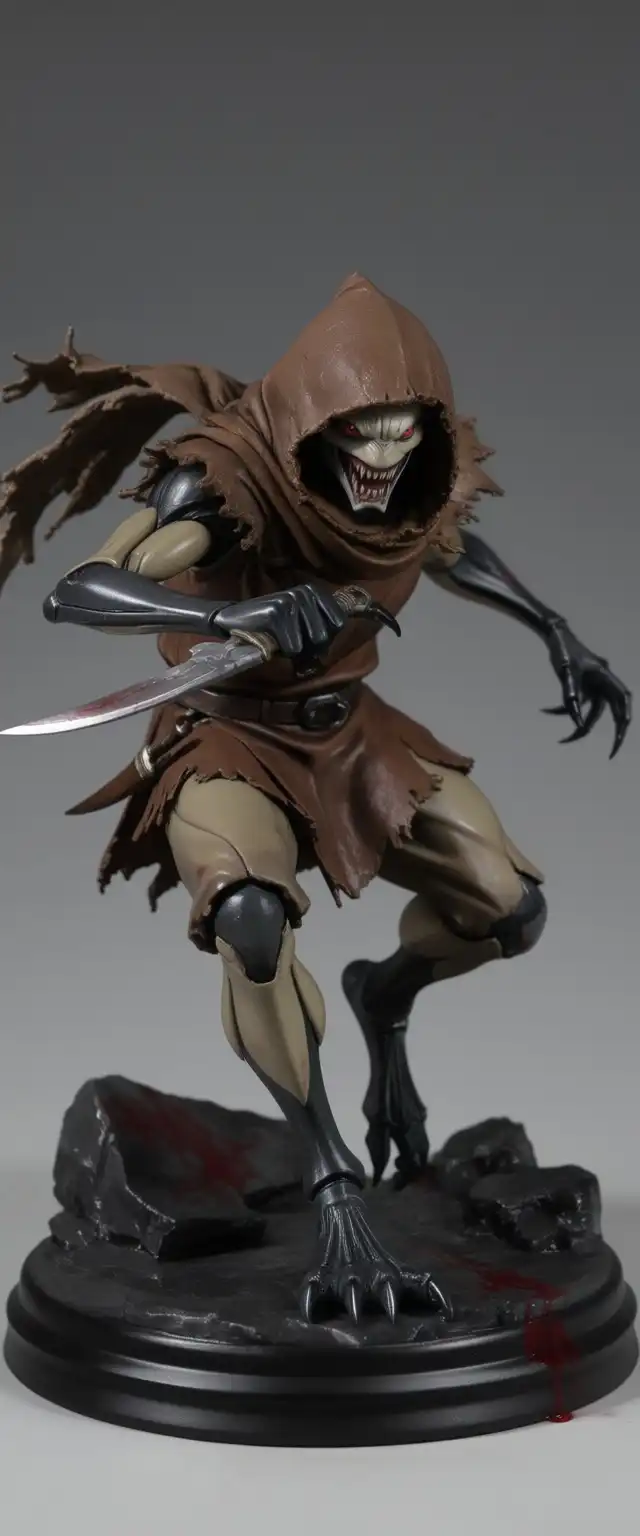 BlenderStyle_ByUrameshi image: male, insectoid, insect face, sharp teeth, dark tan coloured chitin hide, insectoid arms and legs, claws, red eyes, torn…