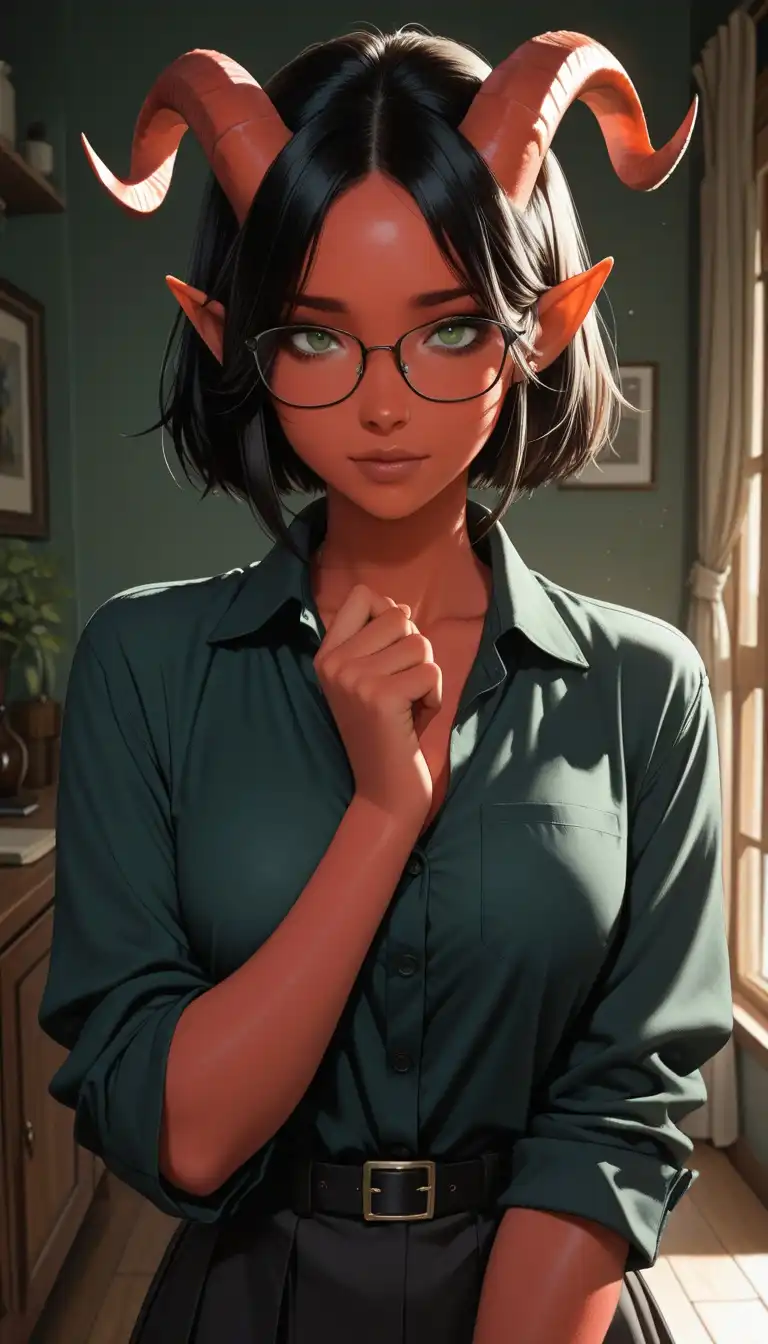 PerfectDeliberate image: 1girl tiefling, black short hair, glasses, green eyes