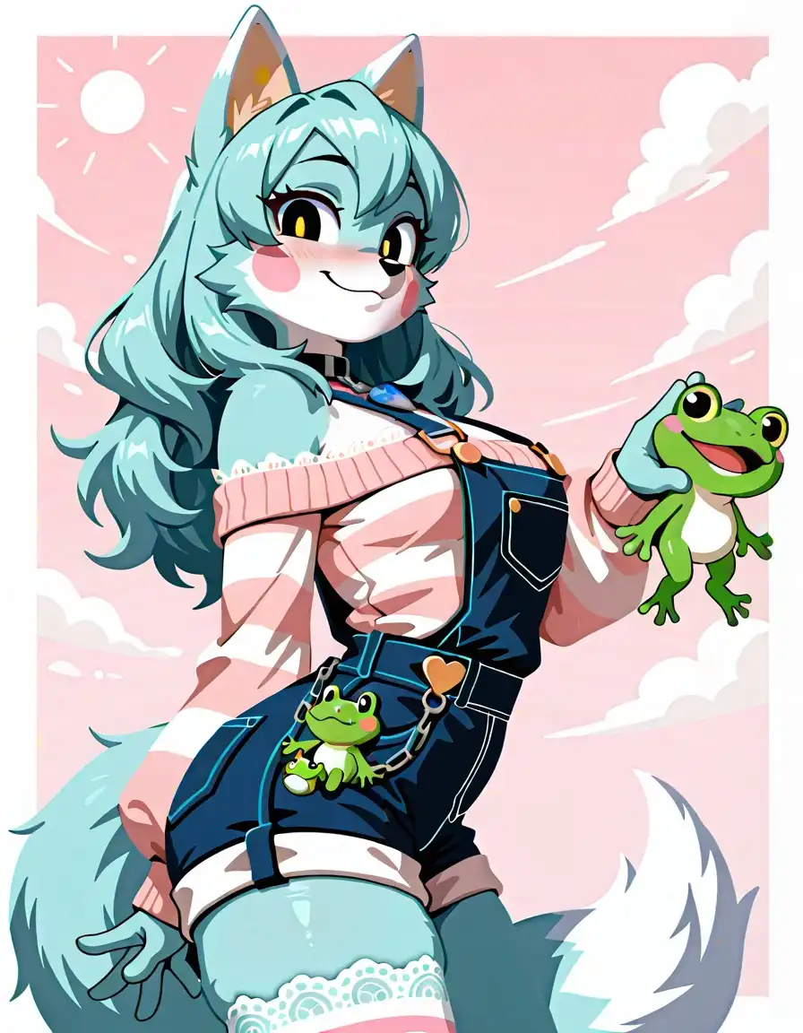 Banana Splitz XL image: 1boy, masterpiece, fox ears, sky blue fur, cute smile, blush, no lineart, side view, looking at viewer, (outfit: top lay…