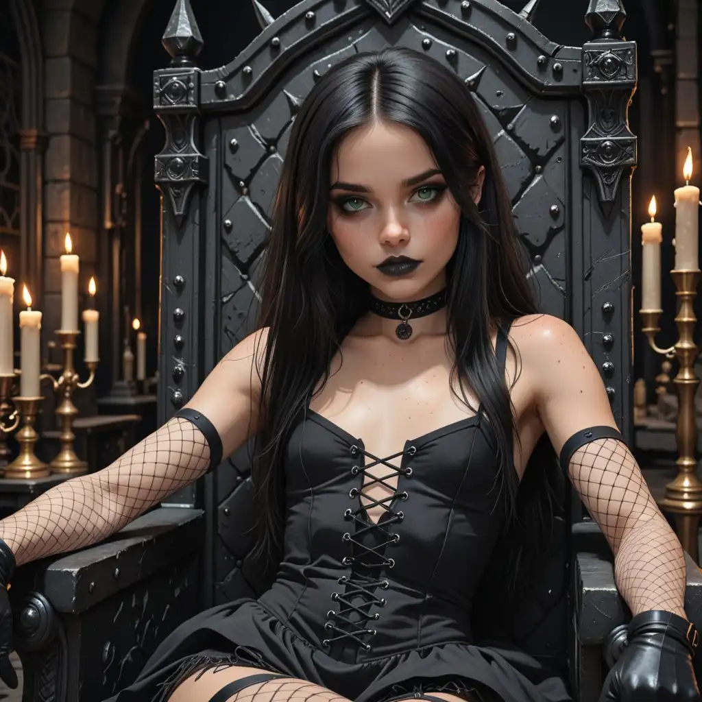 Illustrij image: 1girl, black hair, flat chest, small breasts,dark green eyes, freckles, goth style, black laced dress, choker, gloves, f…