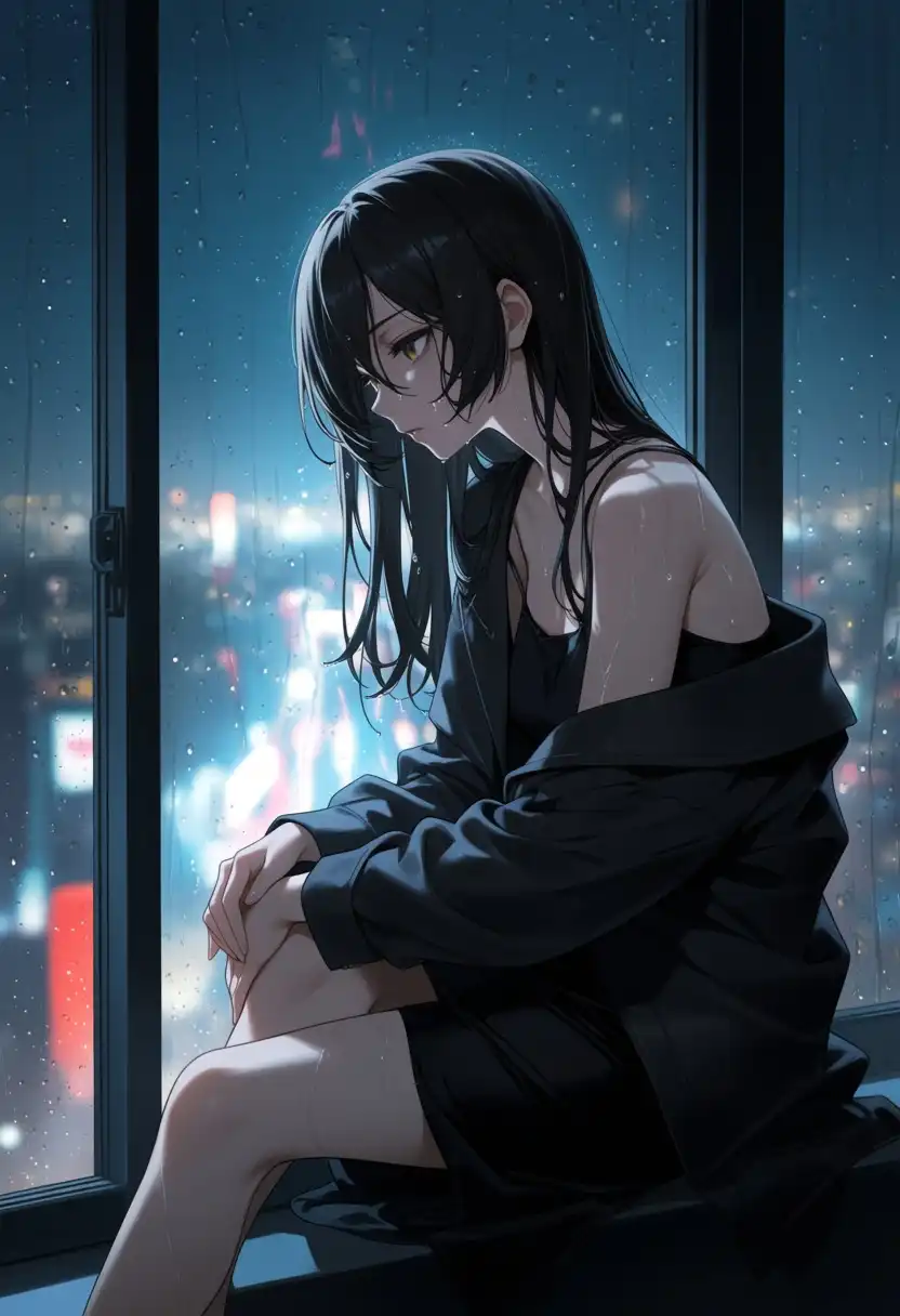 SilvermoonMix-Anima-Evolved image: Beautiful anime-realism femme fatale woman sitting beside a rain-covered window at midnight, looking away from the camer…