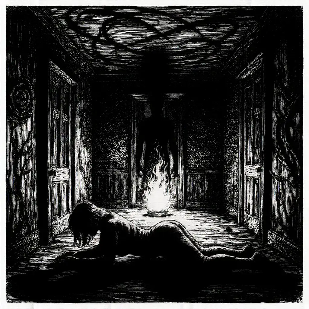 RedCraft DPO image: dark forest, black ink with thick crude etching lines that spiral of a demon taking hold+++++++++++++++++++++++, a Woman…