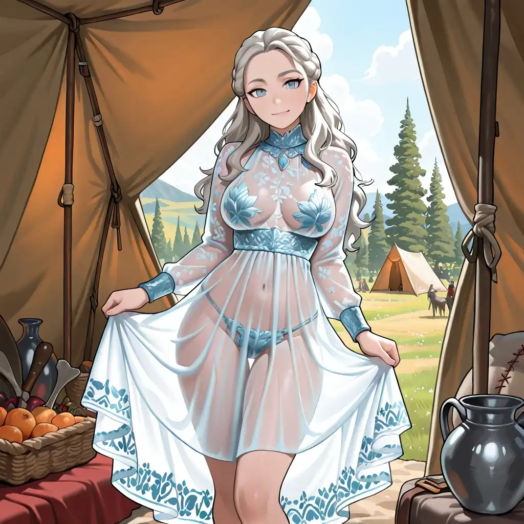 Banana Splitz XL image: daenerys targaryen, medium breasts, blue sheer see through dress, standing in a medieval tent, sensually smiling