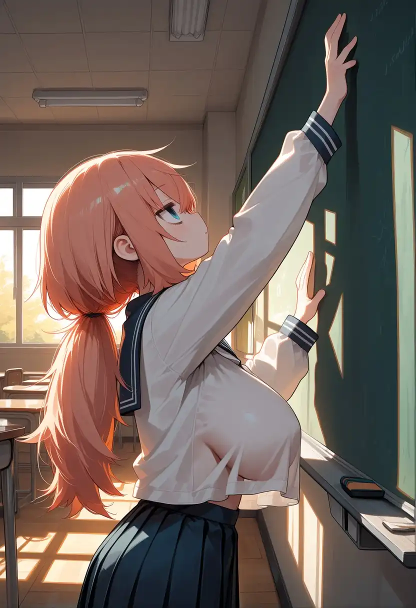 Hassaku (Anima) image: michinoku komaro. boobs are sagging, standing in front of blackboard in classroom, reaching up, underboob no bra