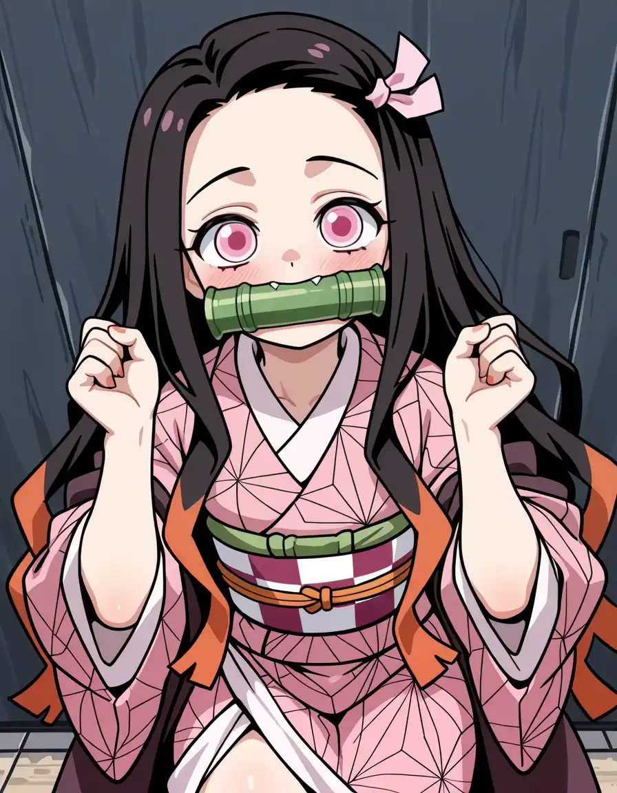 Mol_Keun Mix image: kamado nezuko, kimetsu no yaiba, demon slayer, bamboo gag, mouth gag, demon girl, black long hair, orange hair tips, dem…