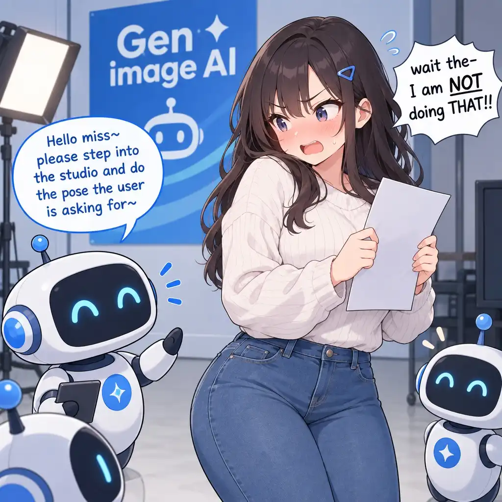 GPT Image-2.5 Flare image: A cute curvy anime girl. in a studio. a few cute robots are talking to her. one is saying, "Hello miss~ please step into…