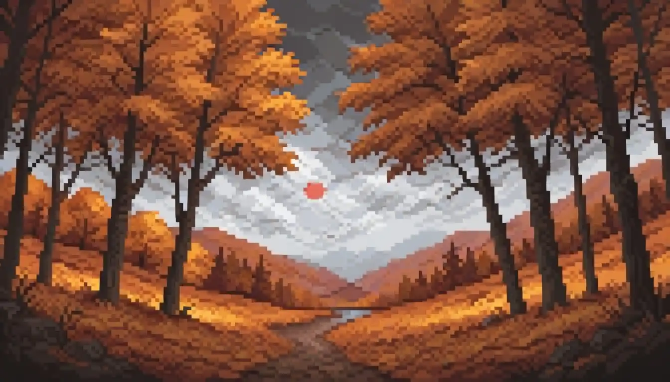 Nova Pixels XL image: Sad scenery over autumn forest. Cloudy weather, rising sun pierces through clouds. On the plain stands lone deer and is …