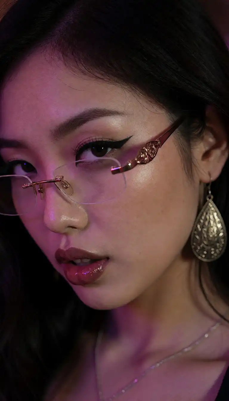 Ray Artshoot image: An extreme close-up headshot of a young Asian woman, tight framing, cropped at the top of her head and just below her ch…