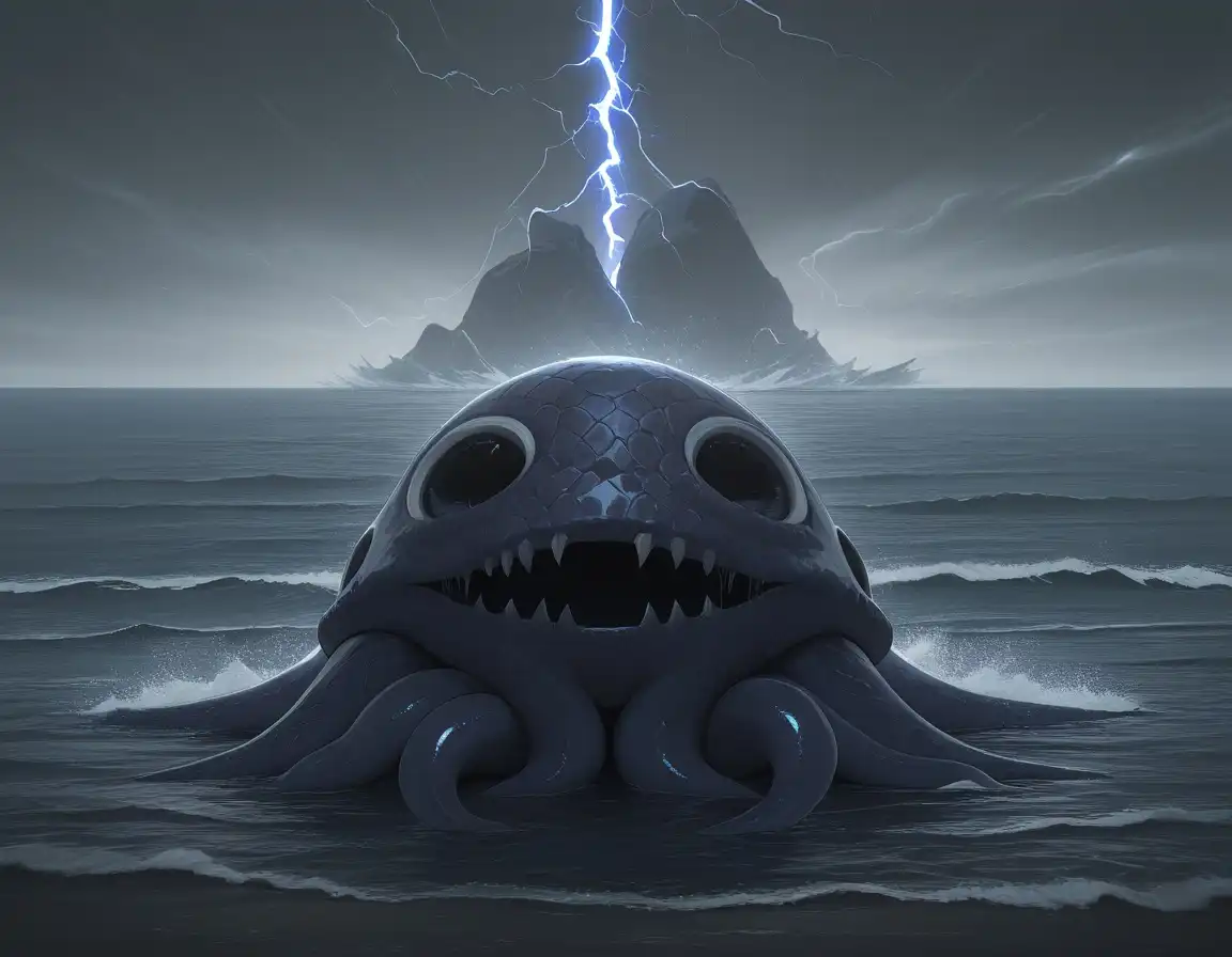 Raehoshi illust XL image: fantasy, kraken, tempest, ocean, fangs, emerging from the ocean during a storm, lightning, scales, crest along the back,…