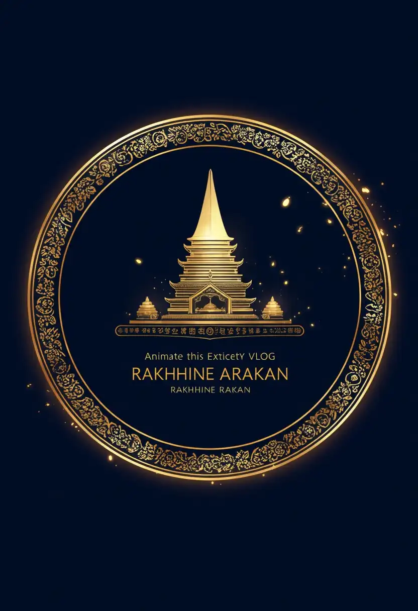 SilvermoonMix-Anima-Evolved image: Animate this exact Thar Chay VLOG RAKHINE ARAKAN logo. Preserve the original dark navy blue circular design, golden trad…