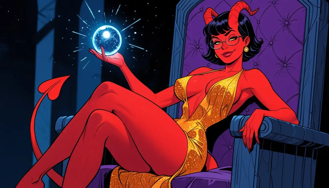Kraken NOIR image: Beautifull female tiefling, black short hair, glasses, huge tits, gold and orange plunging neckline dress, soft red skin…