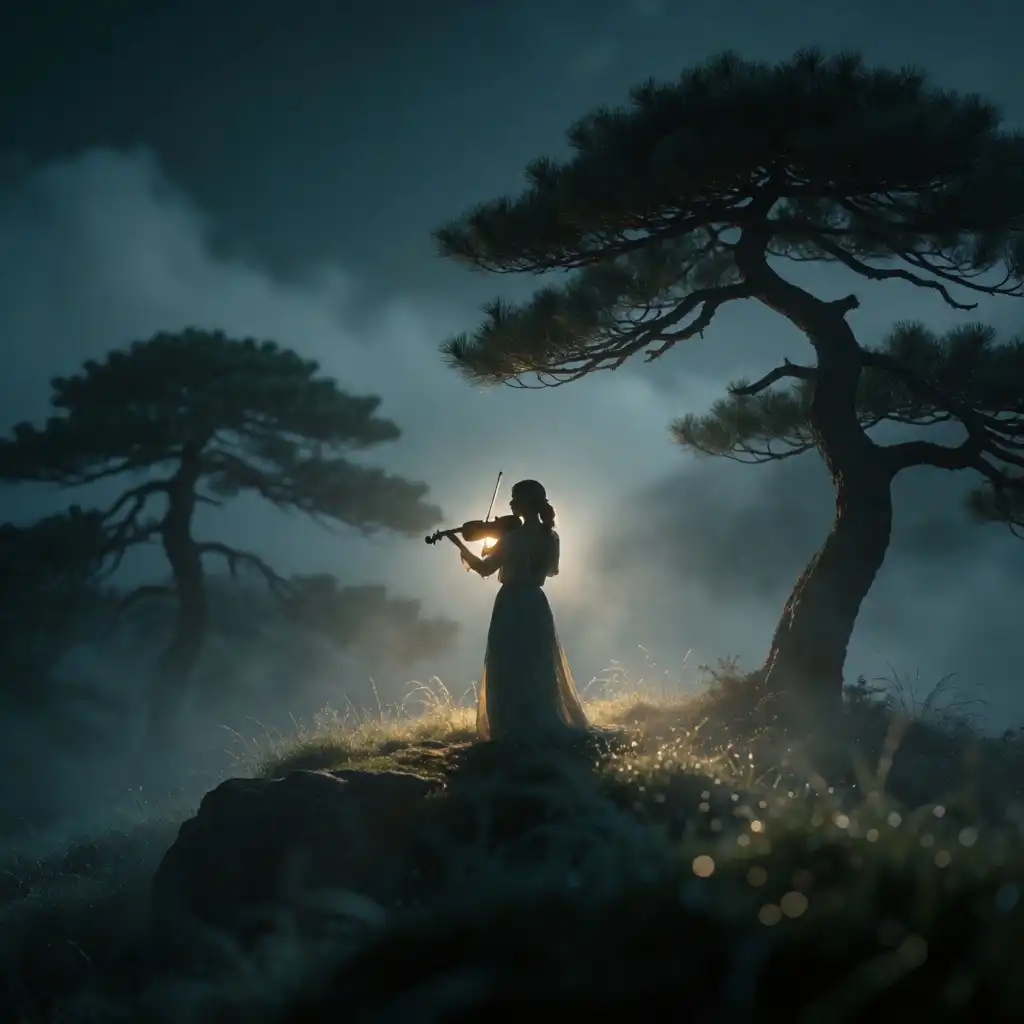 Krea 2 Turbo image: A lone violinist bathed in moonlight stands atop a mist-covered mountain at midnight, their silhouette framed by ancient…