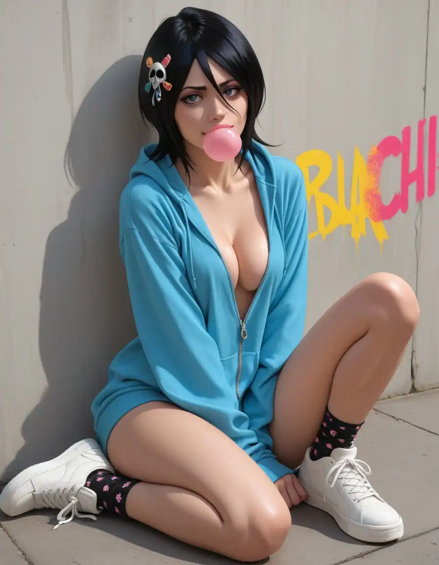 CyberIllustrious Semi-Realistic image: 1girl solo, ((Rukia)) from Bleach, (((cute))) chibi, blue hoodie, street clothes, punk aesthetic, bubble gum, colorful h…