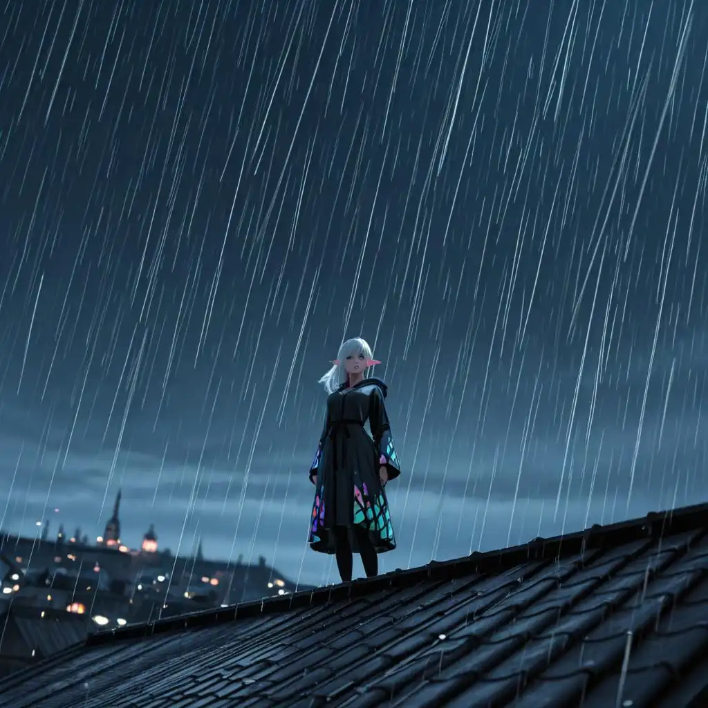 A lone elf, adorned in flowing, iridescent robes that shimmer with cybernetic patterns, stands on a rain-slicked neon-lit rooftop overlooking a sprawling, futuristic metropolis at twilight. Their expression is one of quiet introspection, a single teardrop tracing a path down their cheek. The style is cinematic, with dramatic lighting and deep shadows, reminiscent of futuristic concept art and a melancholic mood.