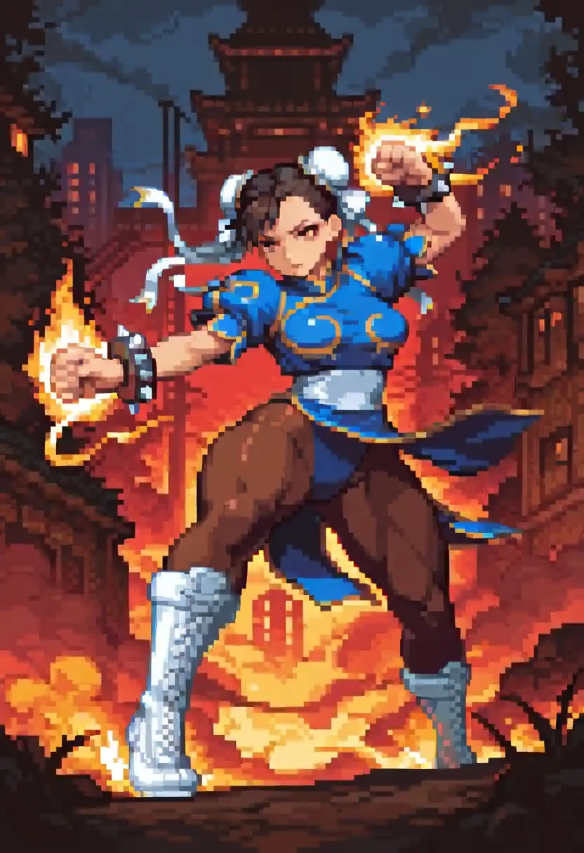Nova Pixels XL image: chun-li, medium breasts, fighting scene, street fighter game, dynamic pose, martial arts stance, red qipao outfit, flowi…