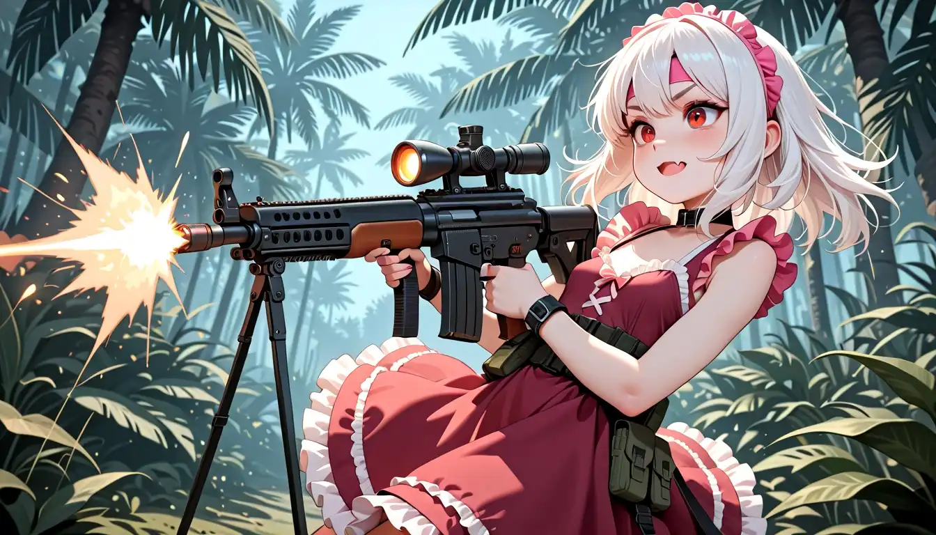 Illustrious iLustMix image: solo, 1 girl, white hair - red eyes, petite build - small breasts, cuteness fang, mahou shoujo dress - pink - frills - h…