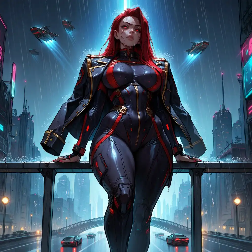 illustraVERSA image: 1 girl, sci-fi mood, futuristic, gorgeous body, raining, staying outside under the rain, very serious, looking at us, dr…