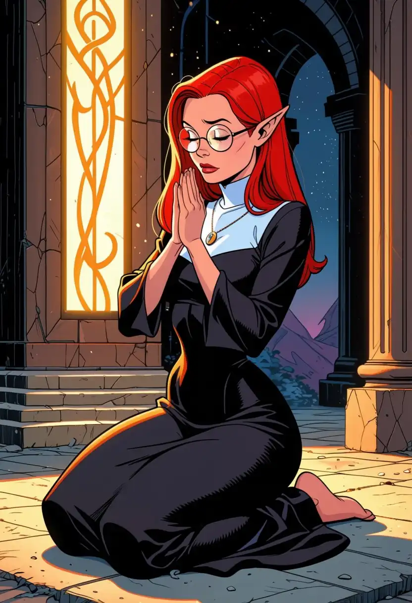 Kraken NOIR image: Female elf, red hair, glasses, temple, cleric dress, on her kneels, hands up, pray