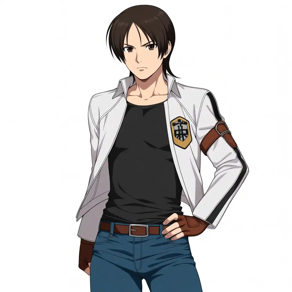 AnimaYume image: 1man, kyo kusanagi, medium hair, parted hair, white jacket with long sleeve, black t-shirt, blue jeans, brown eyes, fing…