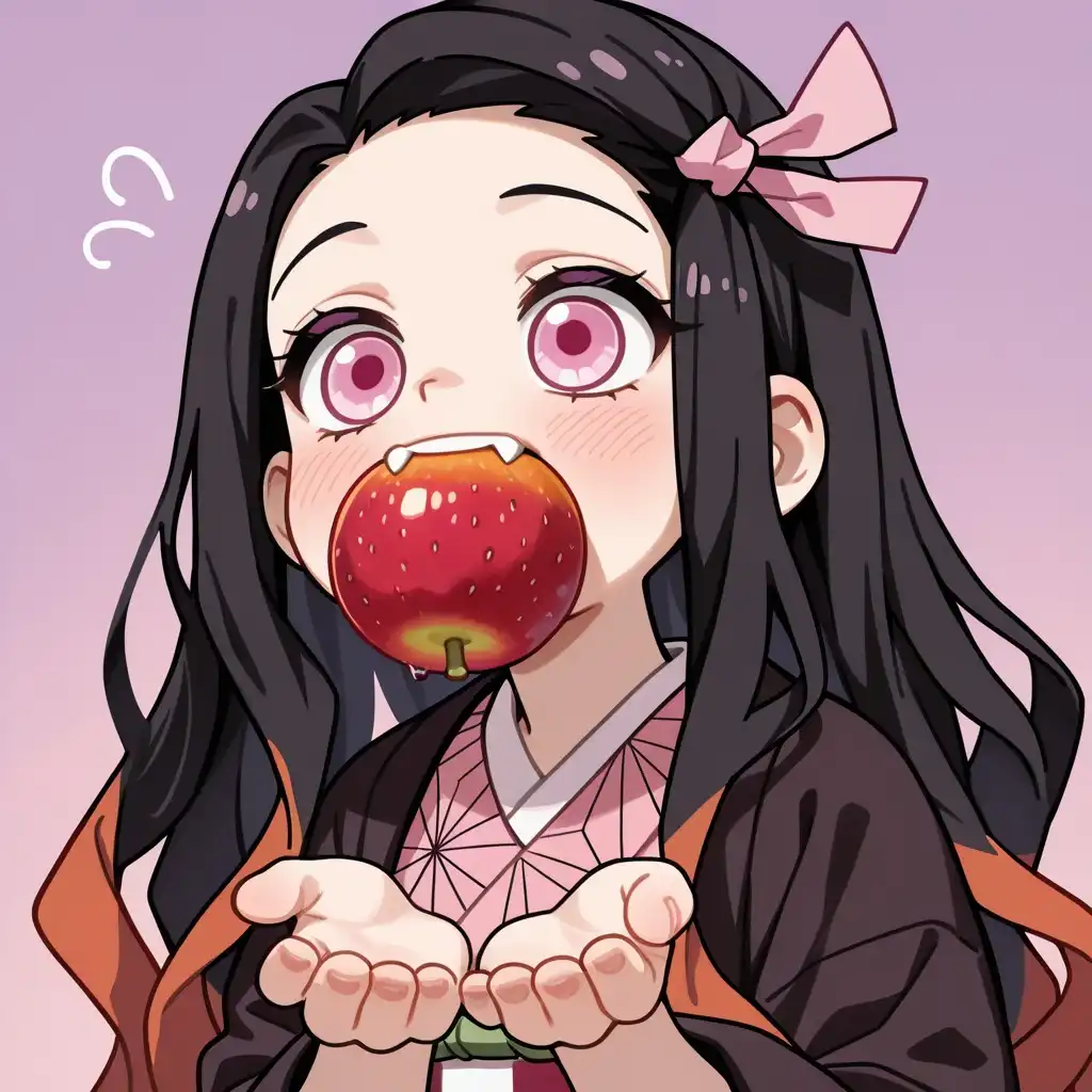 Mol_Keun Mix image: kamado nezuko, kimetsu no yaiba, demon slayer, very cute demon girl, black long hair, orange hair tips, demon pink eyes,…