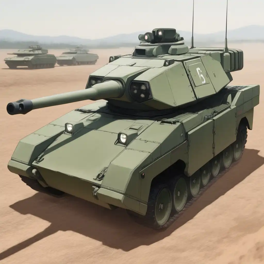 Pie - Models image: Show an advanced sci-fi tank leading an army of armored vehicles against a mongol horde