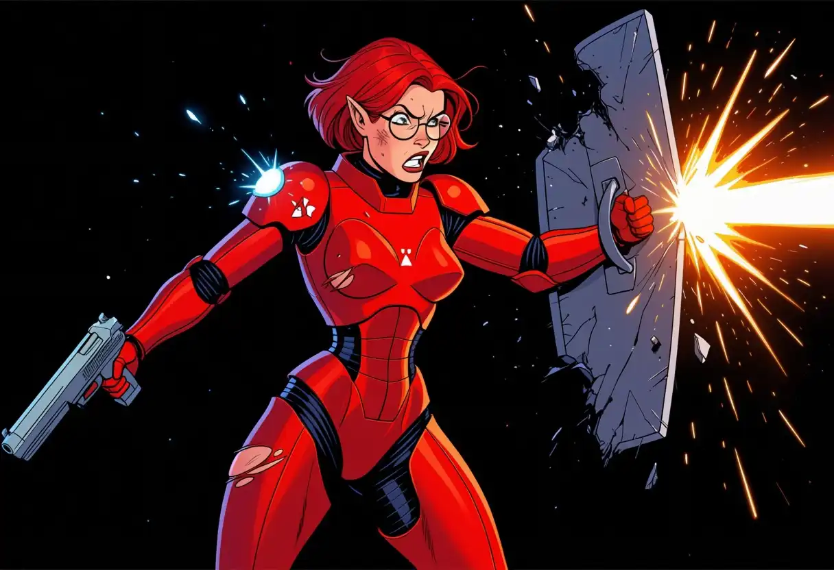 Kraken NOIR image: Female elf, red short hair, glasses, future base scenario, red power armor, armor torn apart, she raised her shield to d…