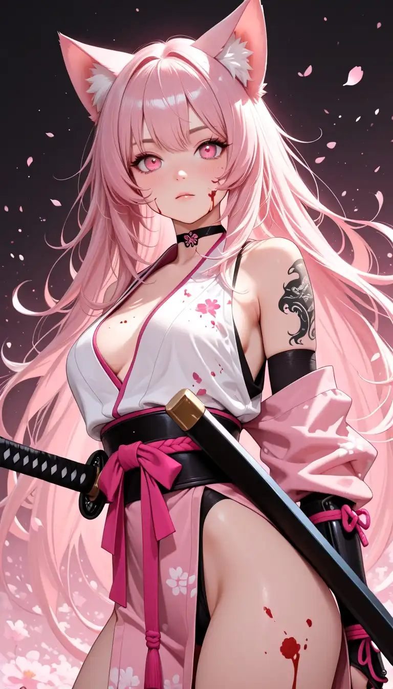 Illustrious iLustMix image: Samurai cat girl, with a samurai sword with pink hair, pink eyes, face, tattoos, with blood everywhere