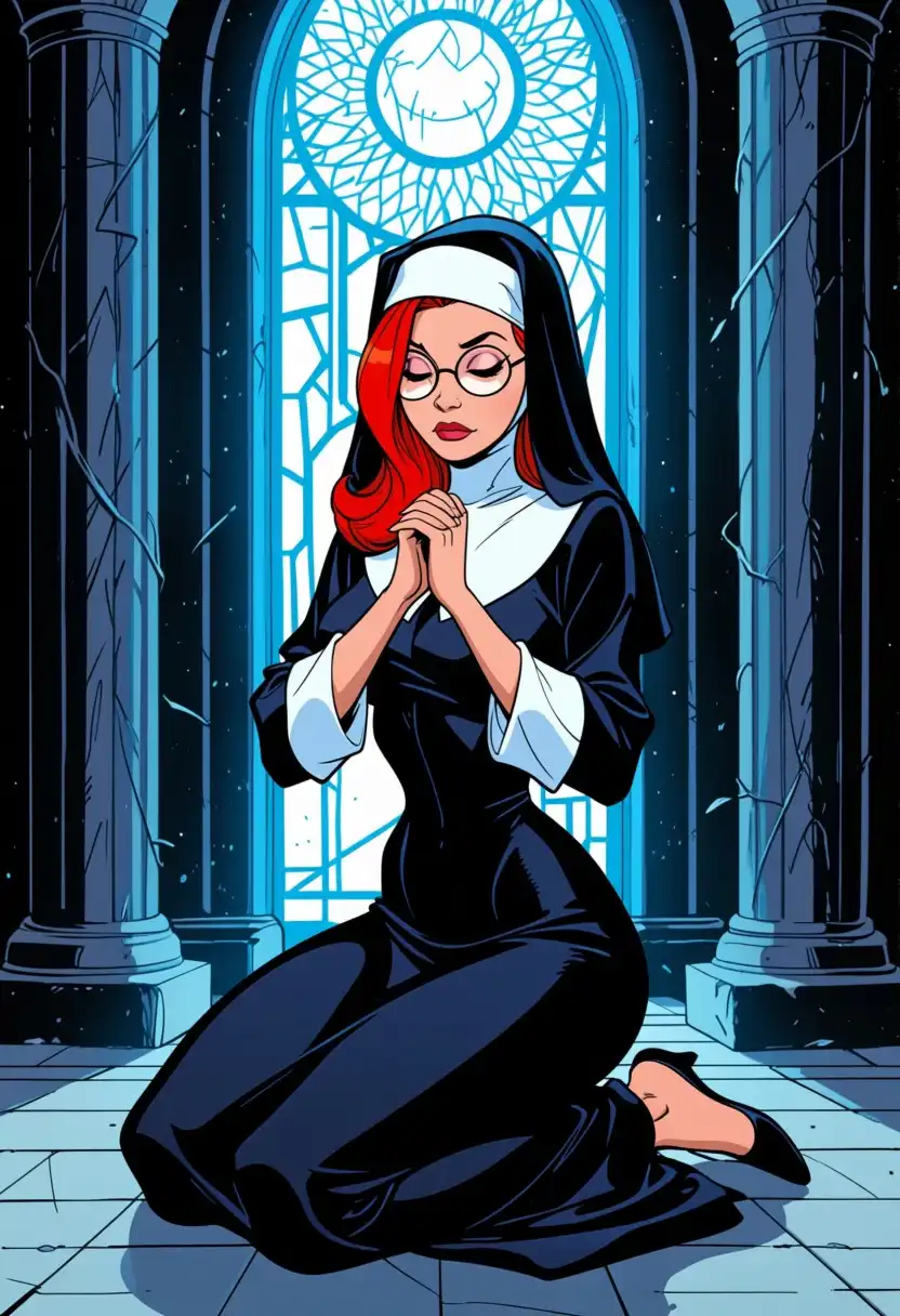 Kraken NOIR image: Female elf, red hair, glasses, temple, nun dress, on her kneels, hands up, pray