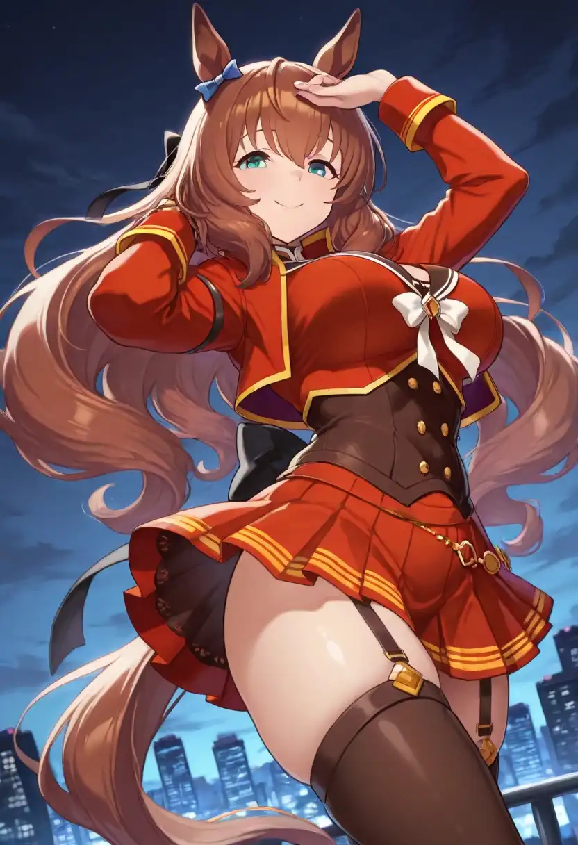 Nova Furry XL image: 1girl, Maruzensky(Umamusume),smile, Dynamic angle, Dynamic pose, looking at viewer,night sky, cityscape