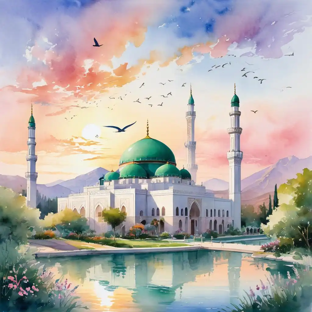 ZavyChroma XL image: Imagine a serene landscape where a majestic mosque stands as the centerpiece, painted in soft, flowing watercolors that …