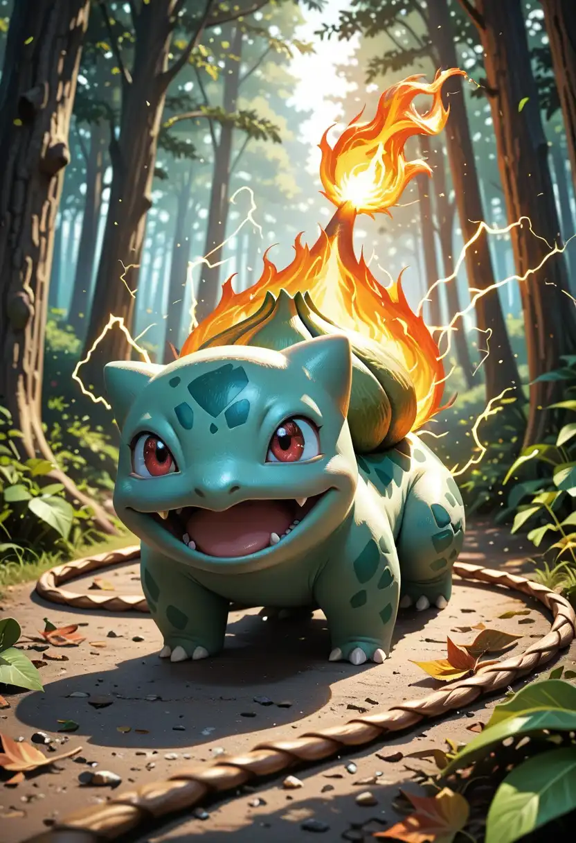 PerfectDeliberate image: A photorealistic action shot of a group of starter Pokémon—Pikachu, Charmander, and Bulbasaur—in dynamic battle stances …