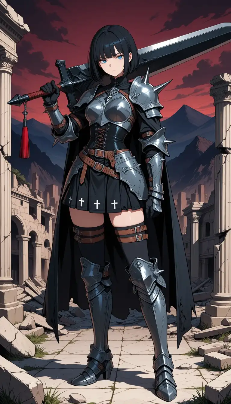 Unholy Desire Mix - Dark Serenity image: High-quality 2D anime illustration of a female warrior with short bob with bangs black hair, blue eyes, and a serious, c…