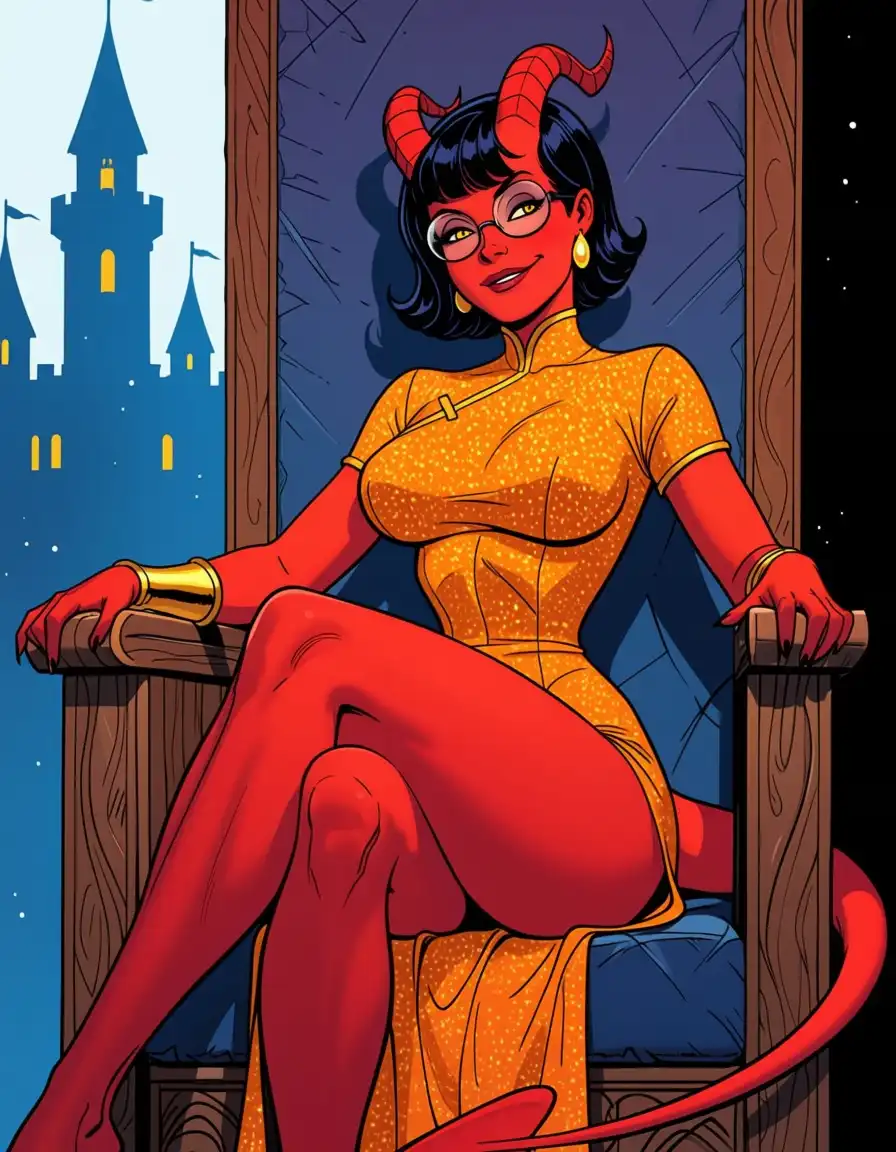 Kraken NOIR image: Beautifull female tiefling, black short hair, glasses, huge tits, gold and orange dress, soft red skin, yellow eyes, red…