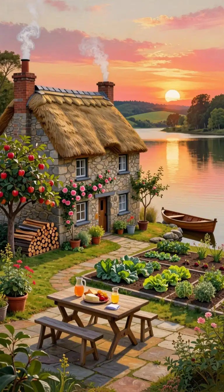 FasciumZ-Image turbo image: Semi-realistic oil painting style digital illustration of a stone cottage with a thatched roof, situated on the edge of …