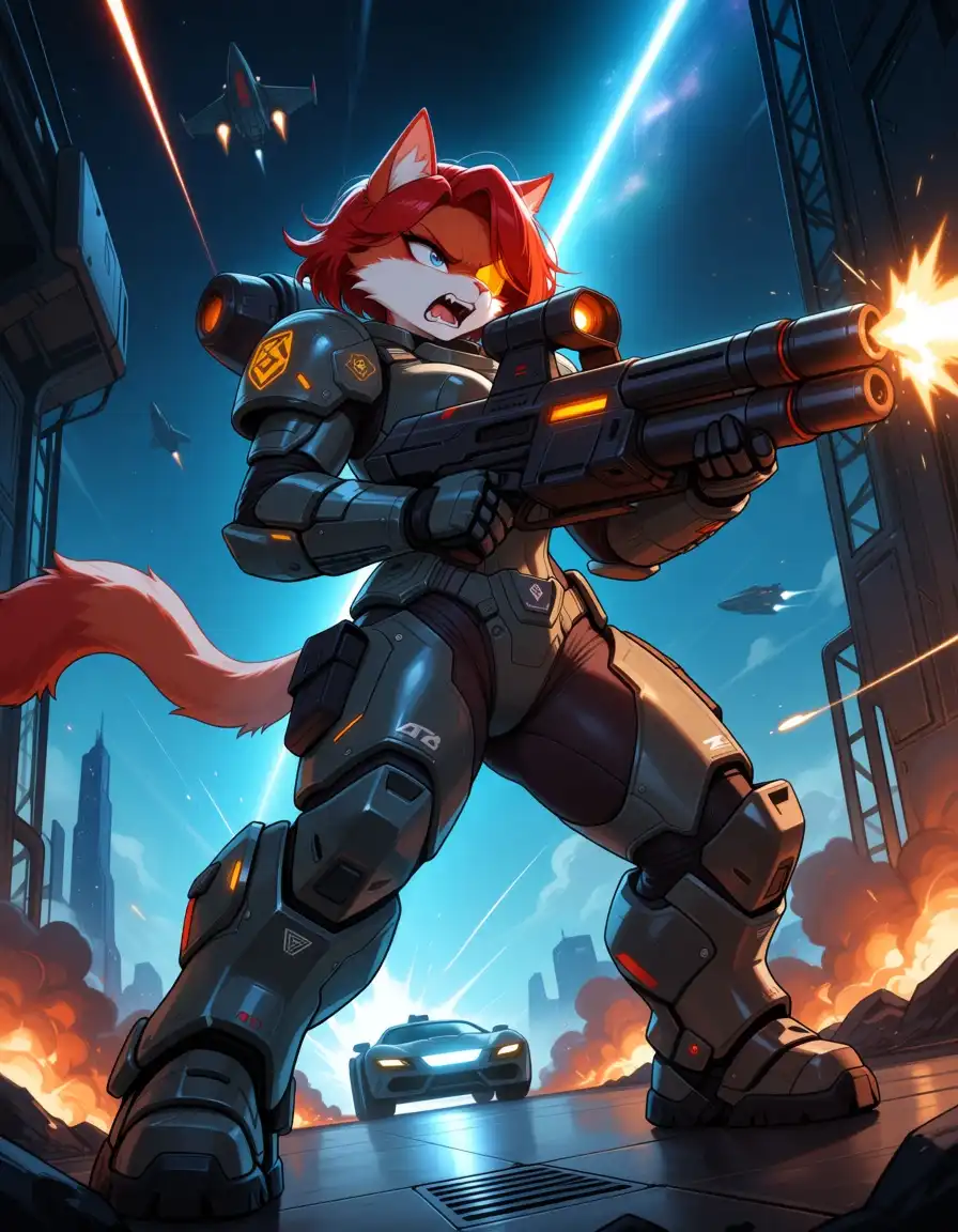 Nova Furry AM image: Female cat, red hair, space ship, cyber warrior, power armor, Gatling, shoot, rage, visor on one eye