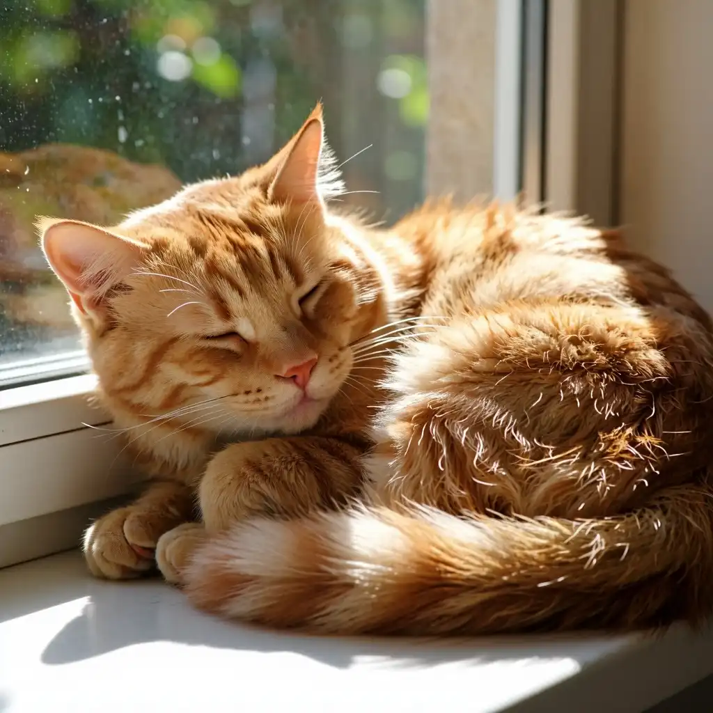Dark Beast image: A fluffy ginger cat curled up asleep on a sunlit windowsill, soft afternoon light casting golden rays across its fur, de…