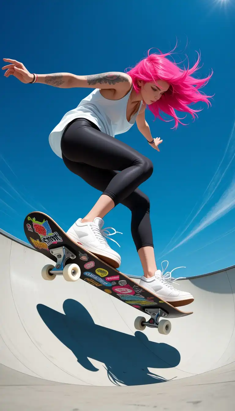 Unholy Desire Mix - Dark Serenity image: Low-angle action photograph of a radical skateboarder with vibrant pink hair blowing in the wind, performing an aerial t…