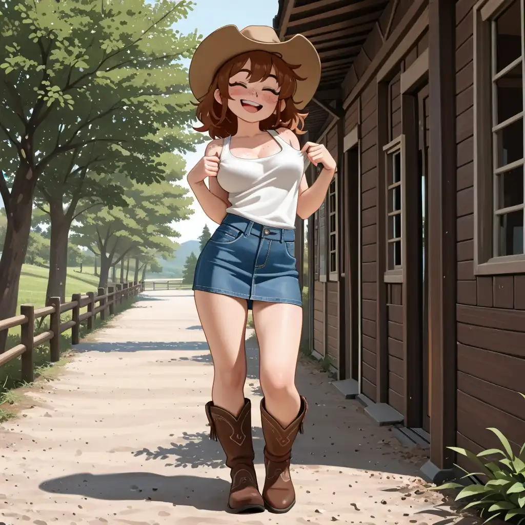 Mol_Keun Mix image: Brown hair, freckles all over her body, medium breasts, happy, enthusiastic, white tank top, denim skirt, cowgirl boots,…