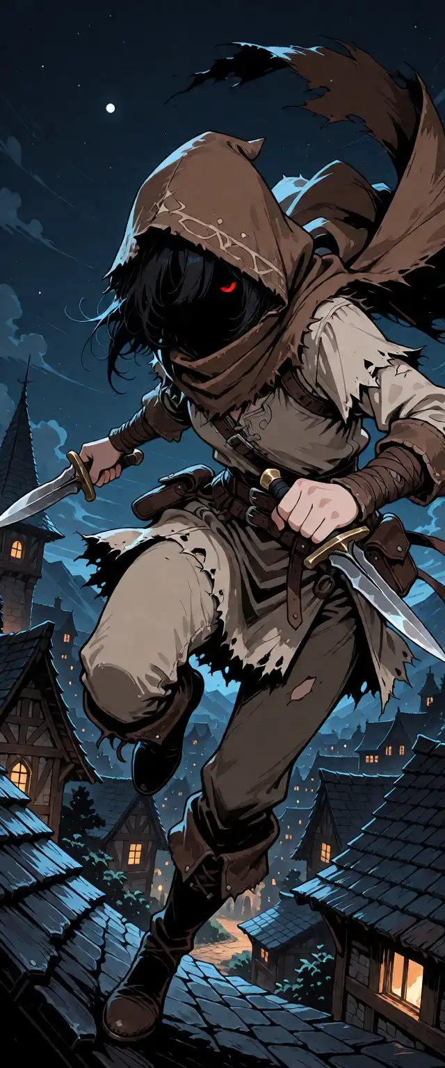Krea2-Anime image: 1girl, female, human, torn brown linen tunic , rugged brown hooded scarf, face obscured, black leather boots, dual flesh…