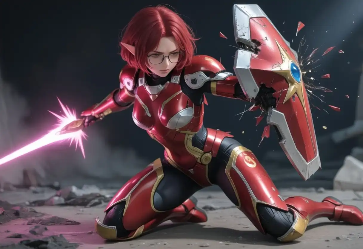 BlenderStyle_ByUrameshi image: Female elf, red short hair, glasses, future base scenario, red and gold power armor, armor torn apart, she raised her sh…