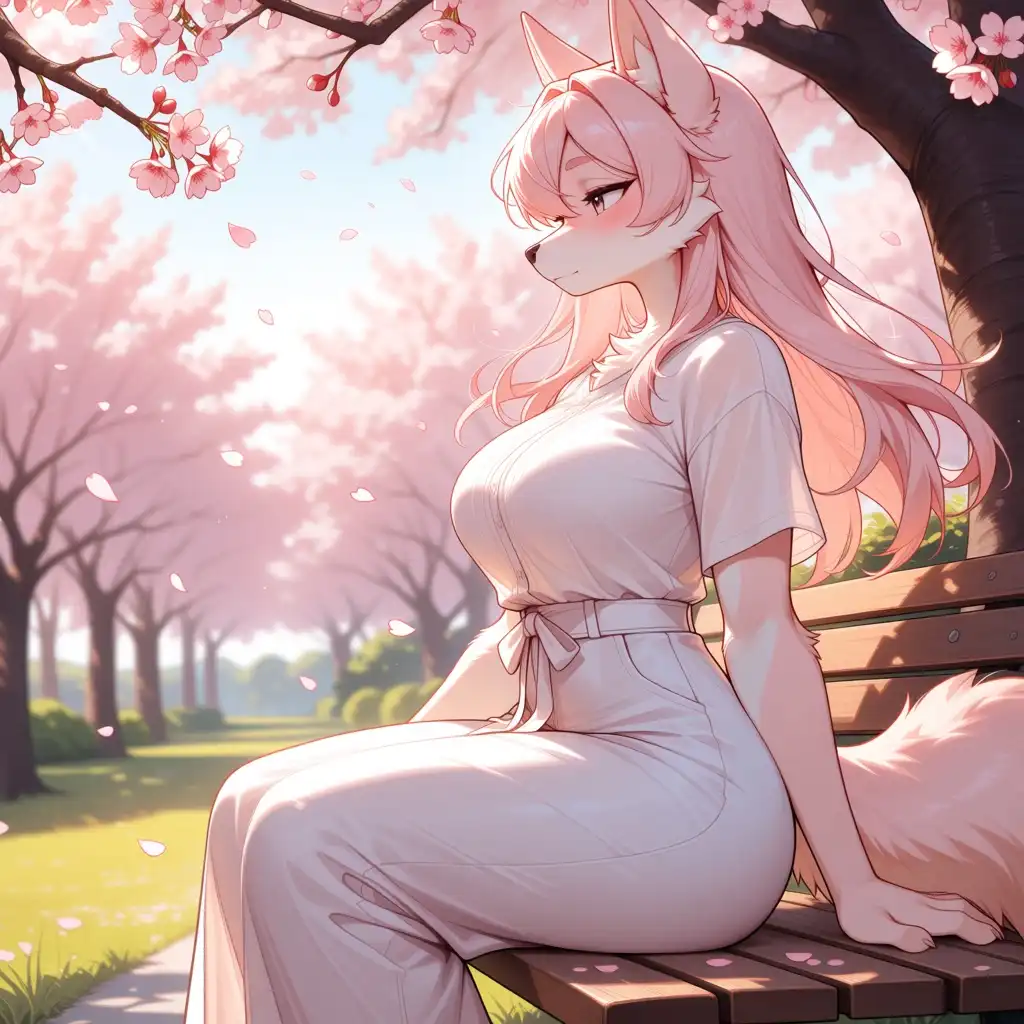 Nova Furry AM image: 1girl, furry, pastel color palette, soft anime shading, curvy figure, voluptuous, sitting gracefully on wooden bench, ge…