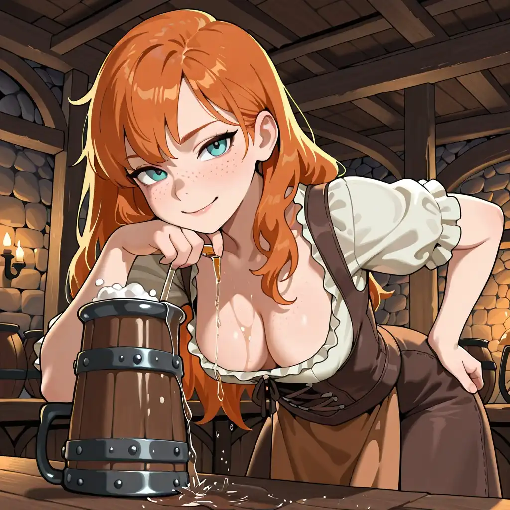Banana Splitz XL image: Ginger, freckles, medium breasts, medieval barmaid outfit, in a tavern, leaning over pouring a drink, cleavage, down blo…