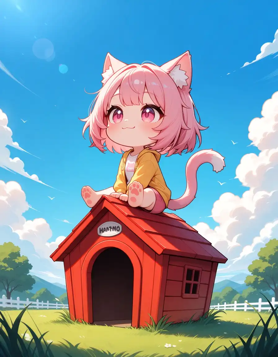 Nova Anime AM image: chibi catgirl, short pink hair, pink eyes, sitting on red doghouse, smiling, cartoon style, highly detailed, bright blue…