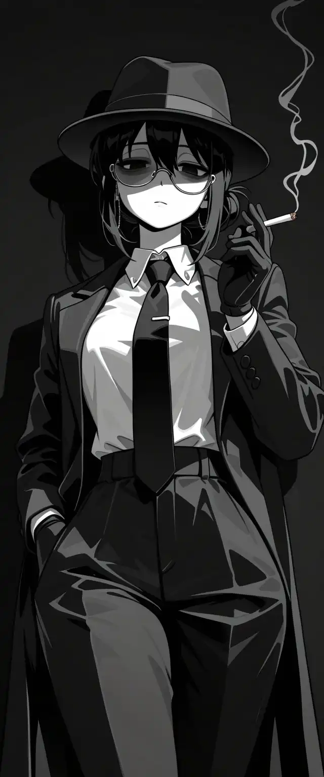 Mol_Keun Mix image: arched back, black hair, short hair, fedora, black gloves, black pants, cigarette, monochrome, necktie, shaded_face, eye…