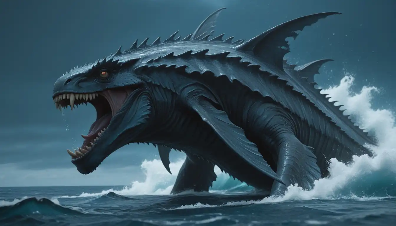 CyberIllustrious Semi-Realistic image: sea, fantasy, long sea monster, tempest sea, deep sea