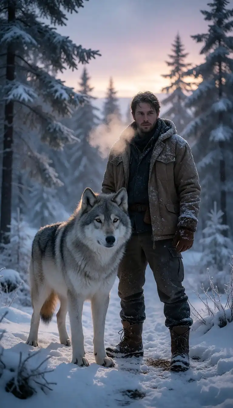 ULTRA image: A man with rugged winter gear stands solemnly on a snow-dusted forest clearing, his breath visible in the crisp cold air…