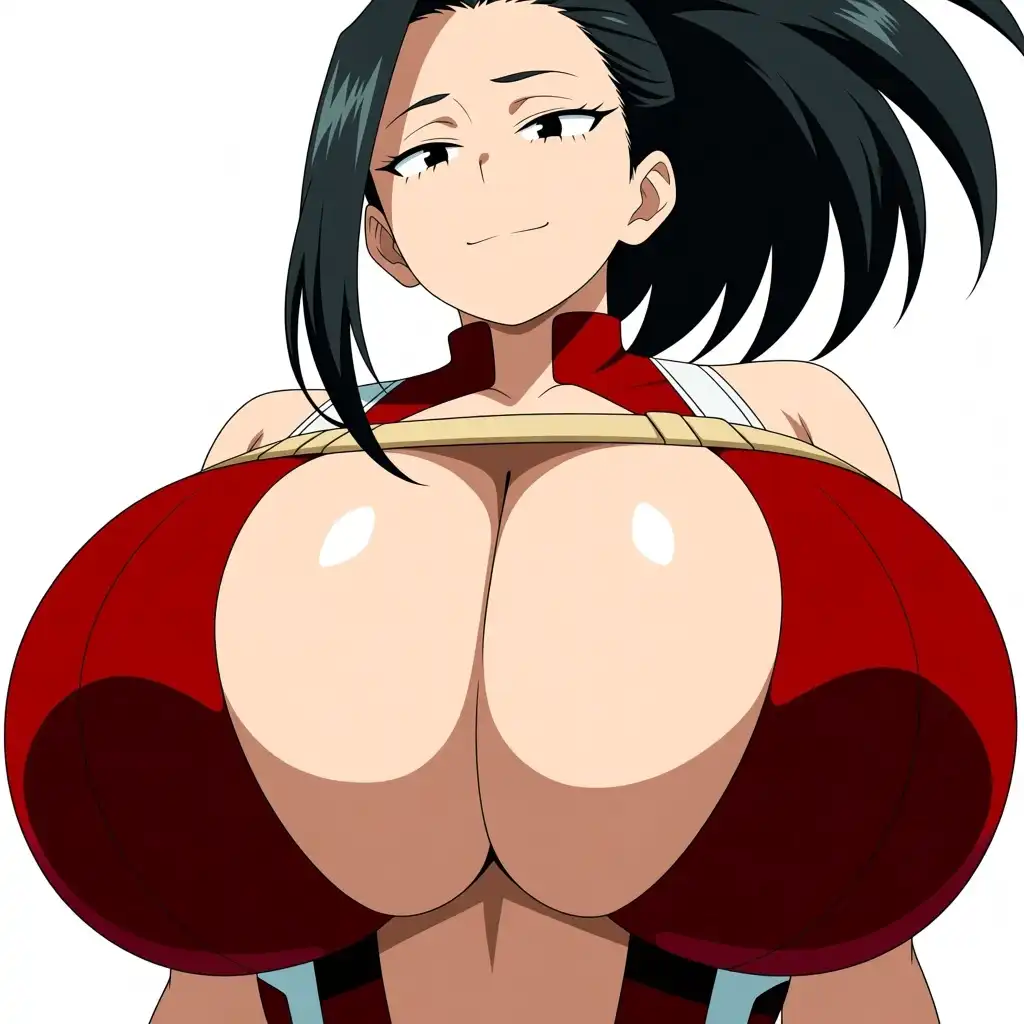 AnimaYume image: Momo Yaoyorozu, My Hero Academia, close-up upper body, high ponytail dark hair, calm slightly smug expression, wearing h…