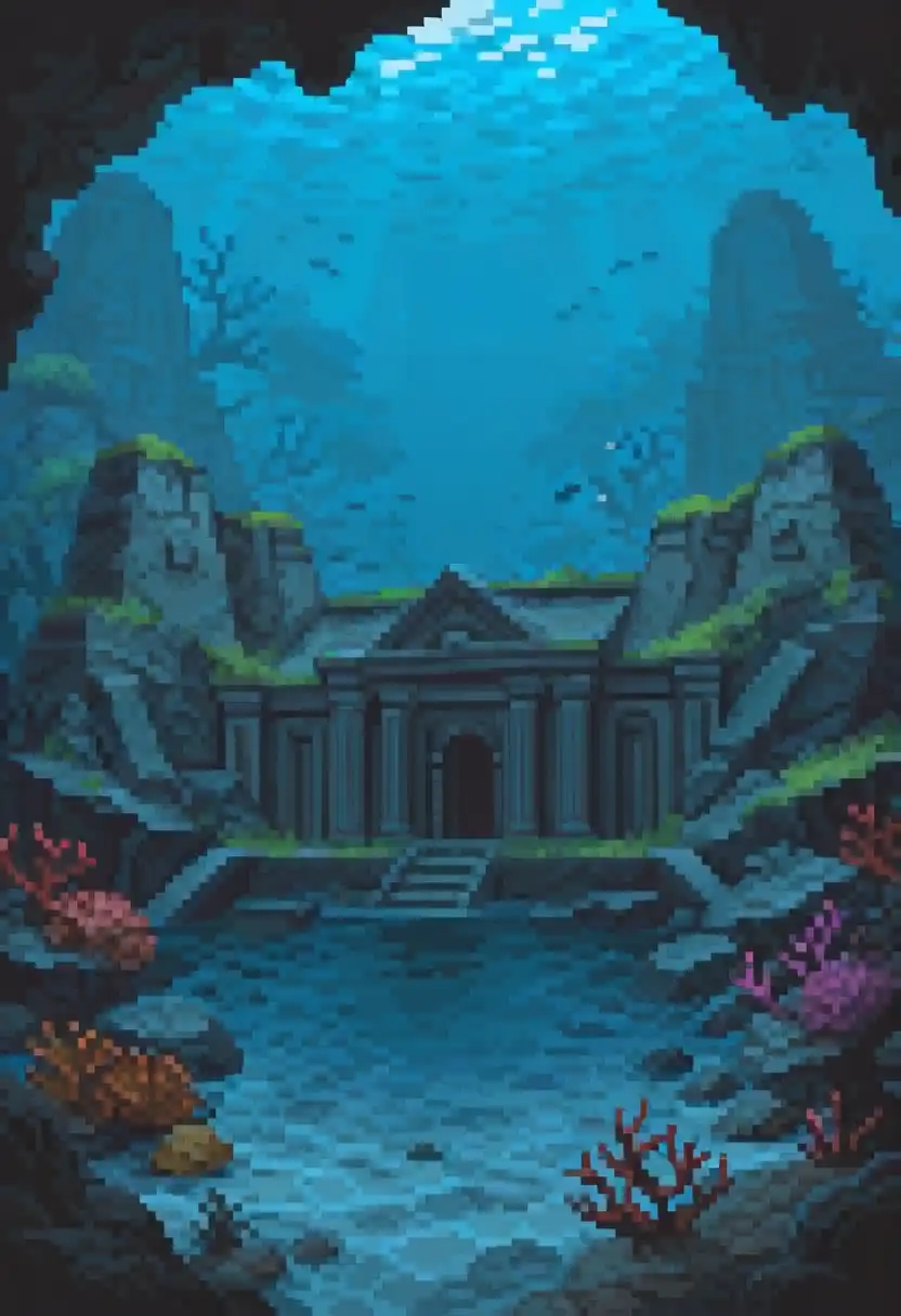 Nova Pixels XL image: underwater ruins, ancient temple, fish swimming, coral reef