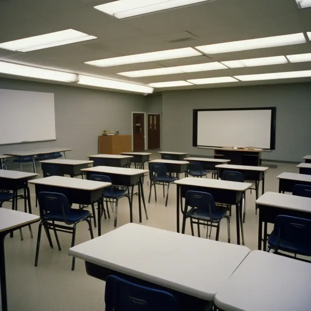 CyberRealistic XL image: 20x30 high school classroom. the front and back walls are 20ft. the side walls are 30ft. the door is at the front on the…