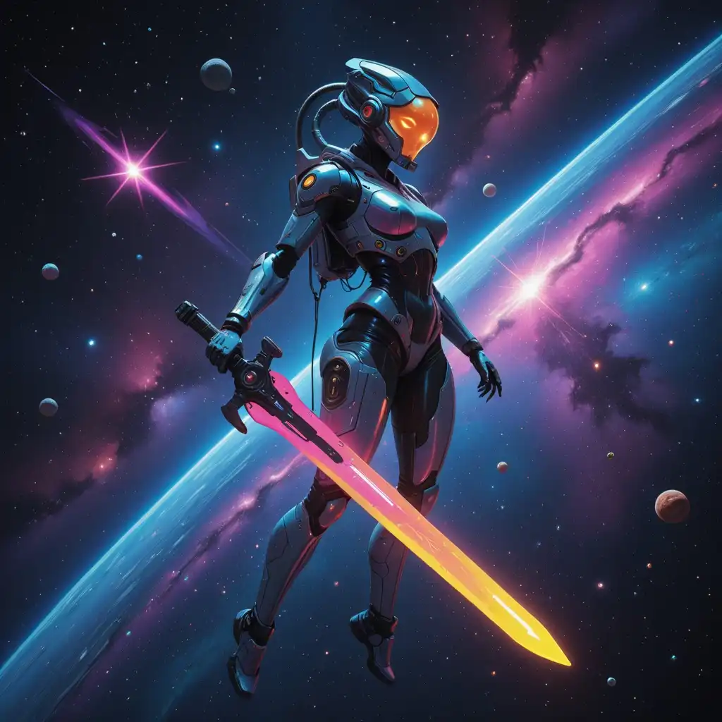 Illustrij image: space, sci-fi sword, glowing blade, futuristic design, alien warrior, floating in zero gravity, neon colors, metallic te…